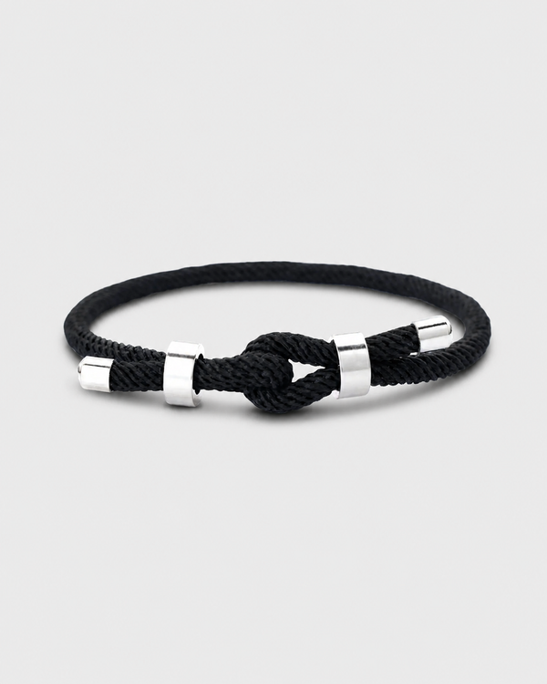 Men's Elegant Black Rope Bracelet – Silver Details
