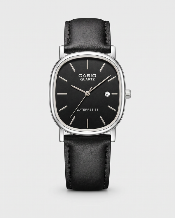 Casio Men's Quartz Watch – Black Leather Strap, Water Resistant