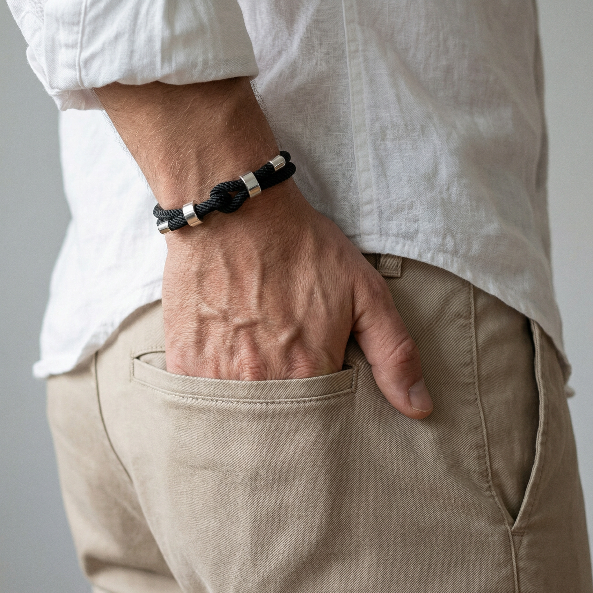 Men's Elegant Black Rope Bracelet – Silver Accents