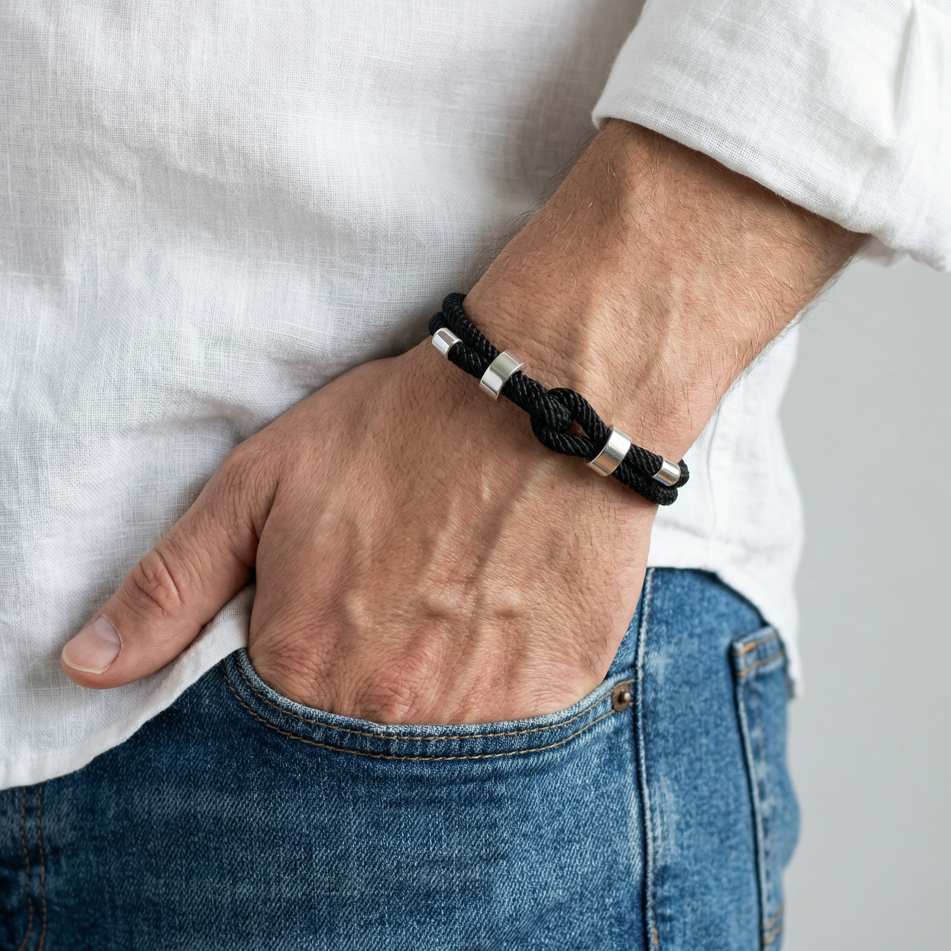 Men's Elegant Black Rope Bracelet – Silver Accents