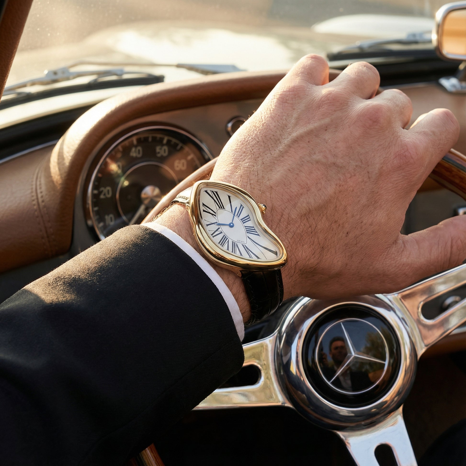 Hand wearing a gold watch on a car dashboard with a Mercedes-Benz emblem.