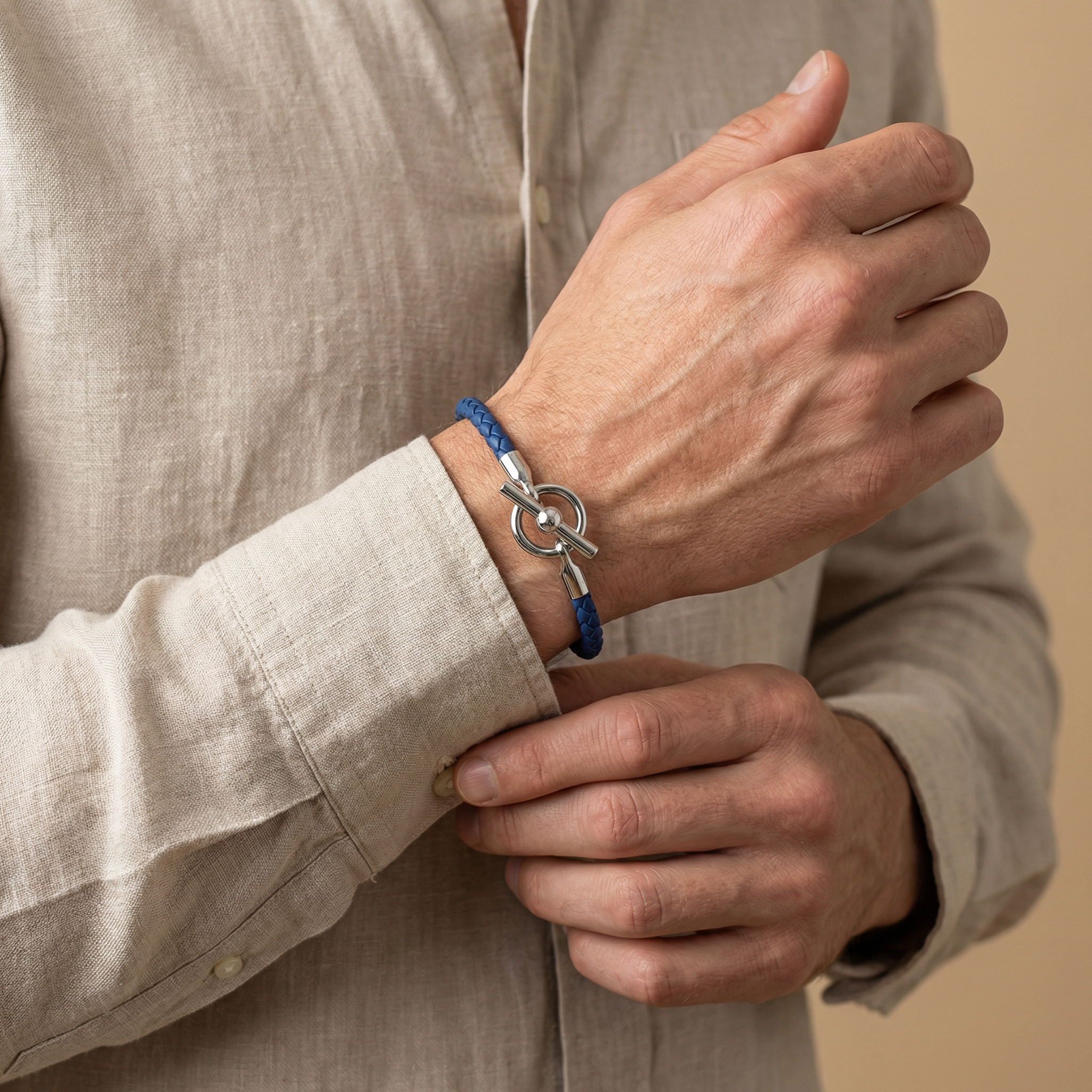 Men’s Stylish Blue Braided Bracelet – Silver T-Bar Clasp