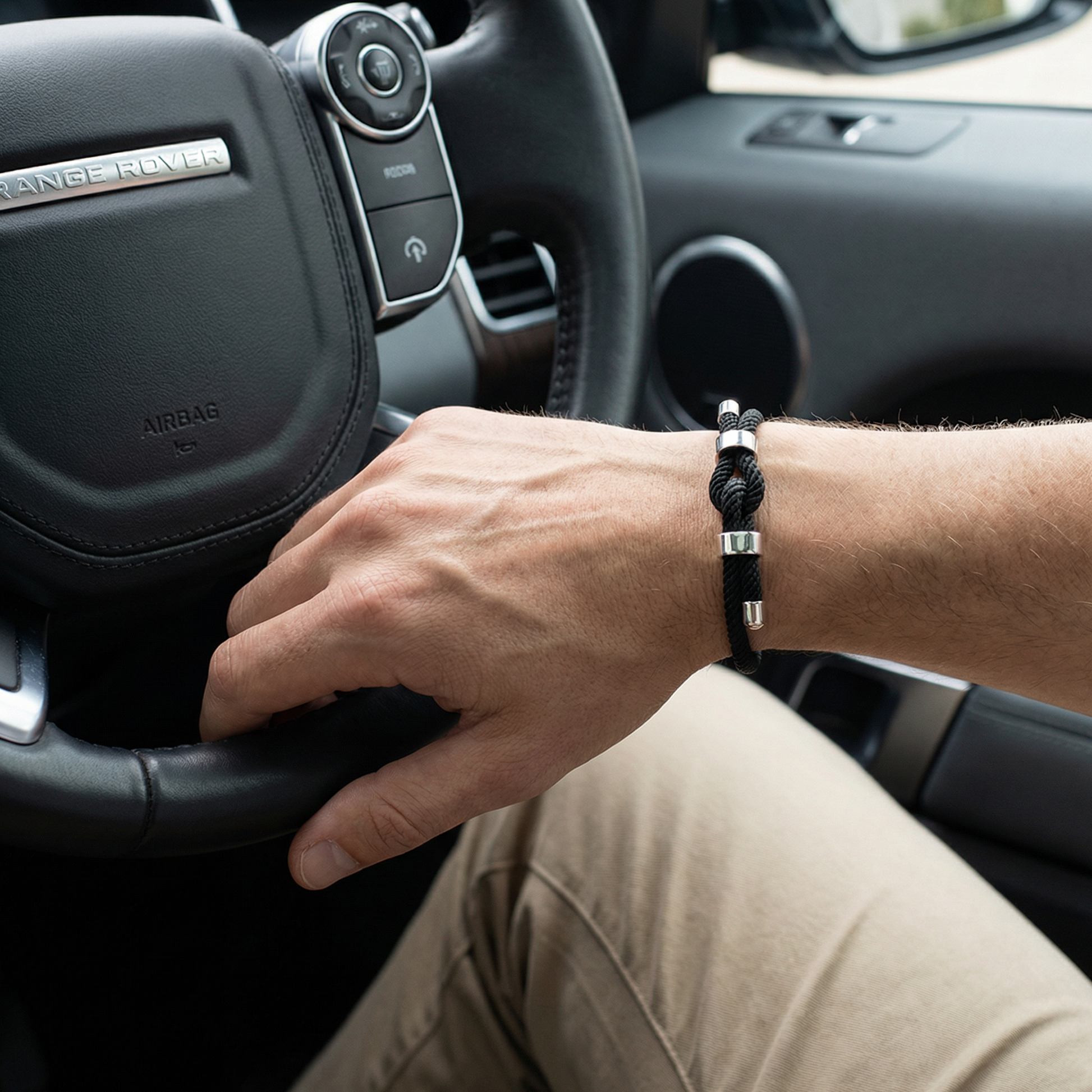 Men's Elegant Black Rope Bracelet – Silver Accents