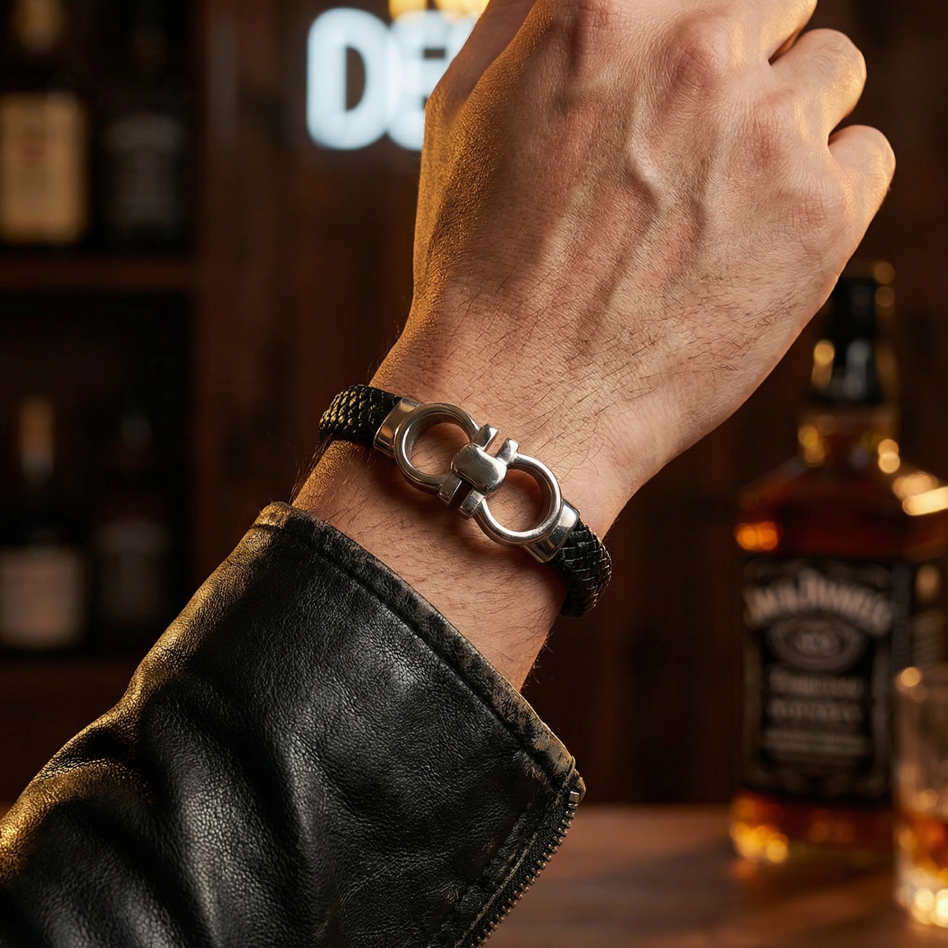 Men's Stylish Black Leather Bracelet – Silver Clasp