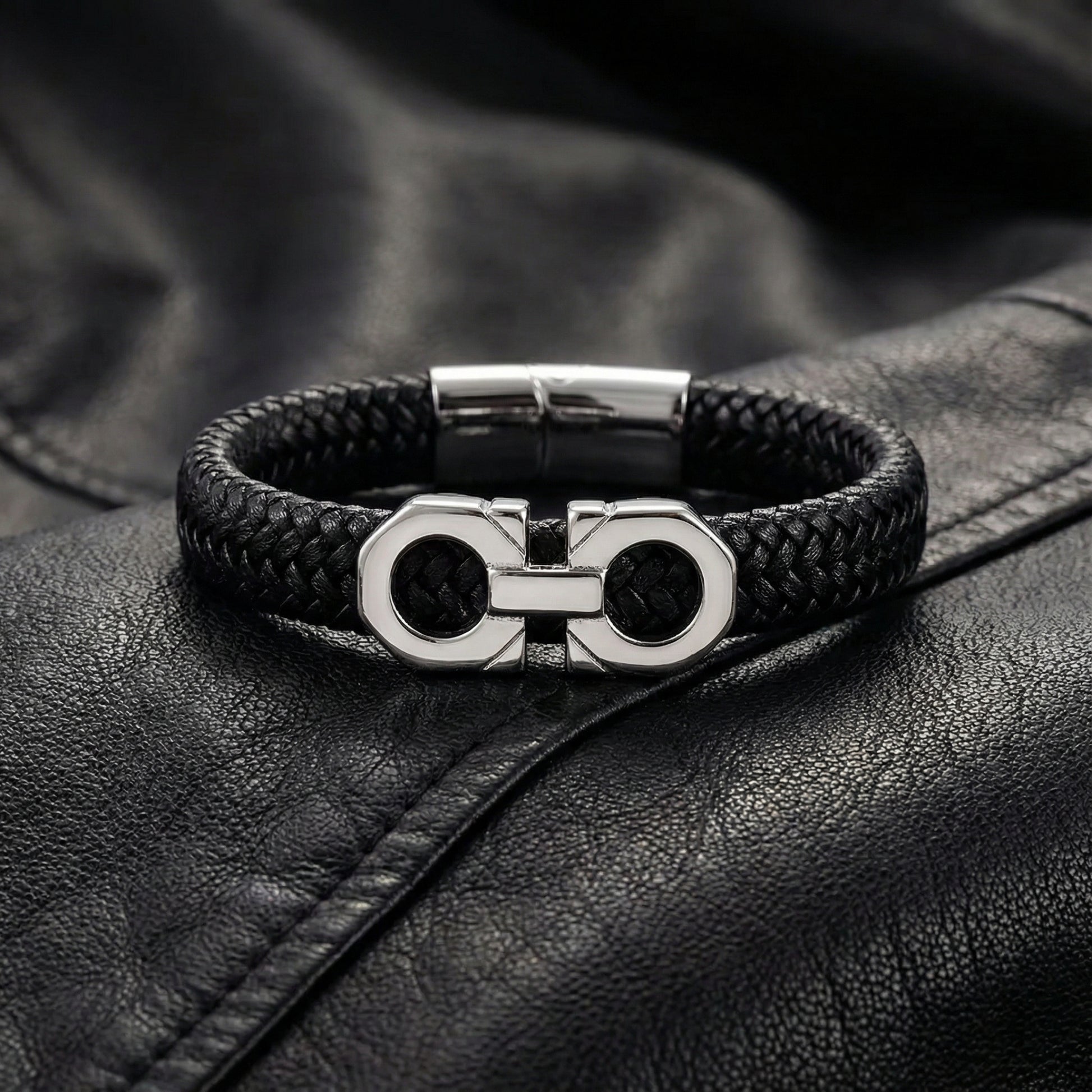 Men's Stylish Black Leather Bracelet – Silver Clasp