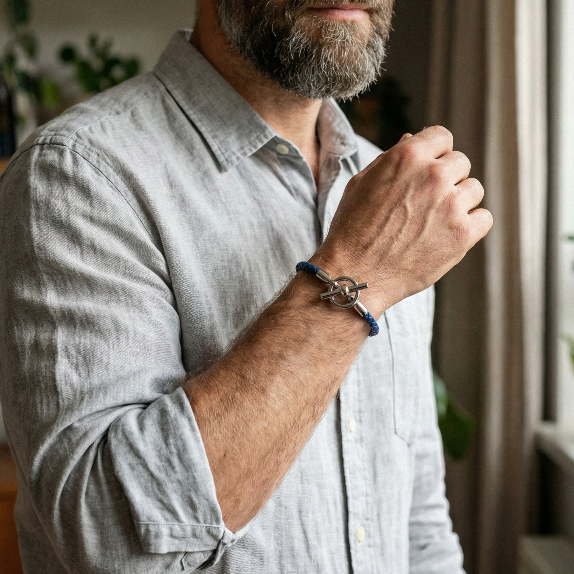 Men’s Stylish Blue Braided Bracelet – Silver T-Bar Clasp