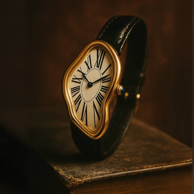 Cartti Surreal Melting Watch for Men - Gold Asymmetrical Stainless Steel Case, Leather Strap