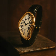 Cartti Surreal Melting Watch for Men - Gold Asymmetrical Stainless Steel Case, Leather Strap