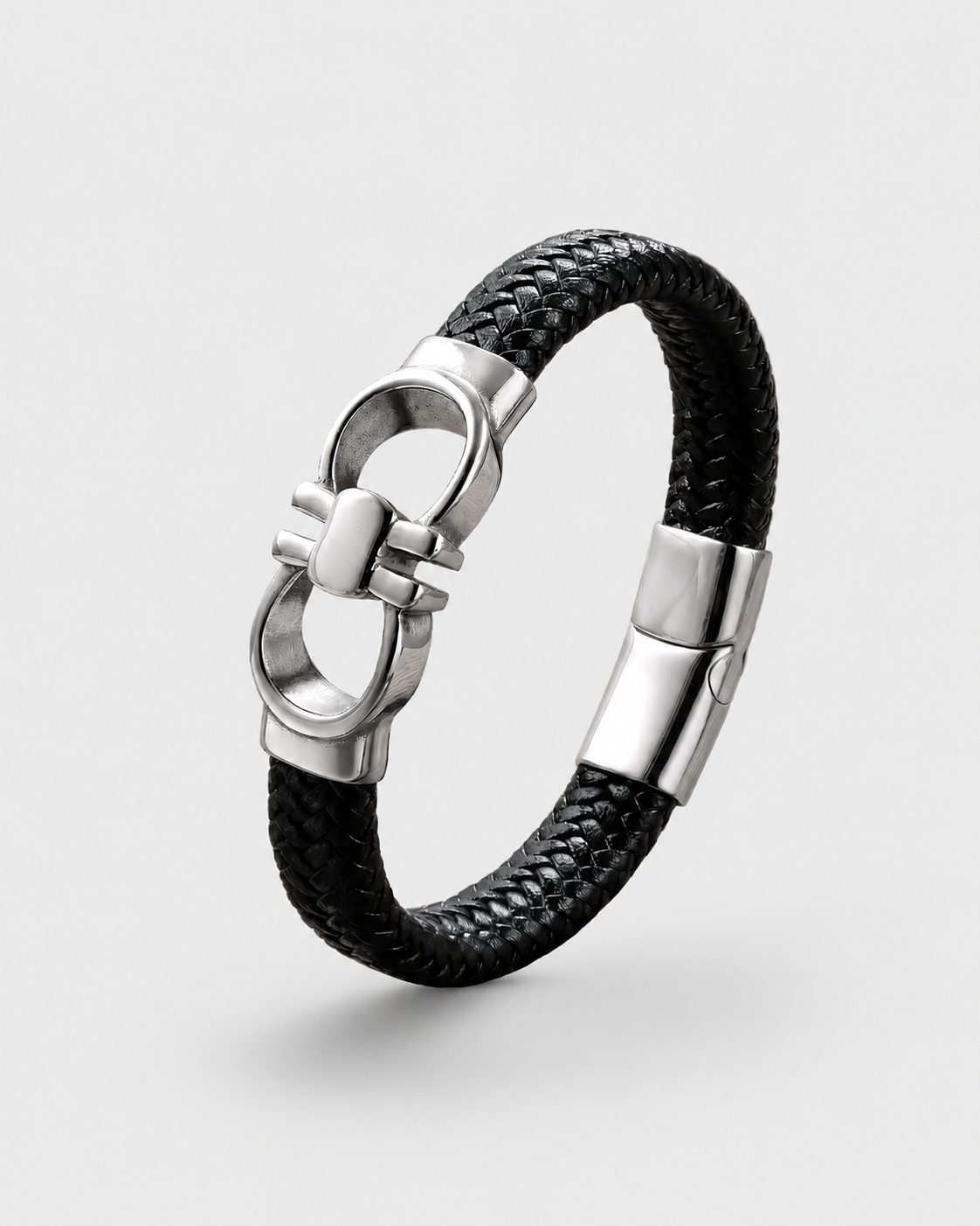 Stylish Men's Black Leather Bracelet – Silver Clasp