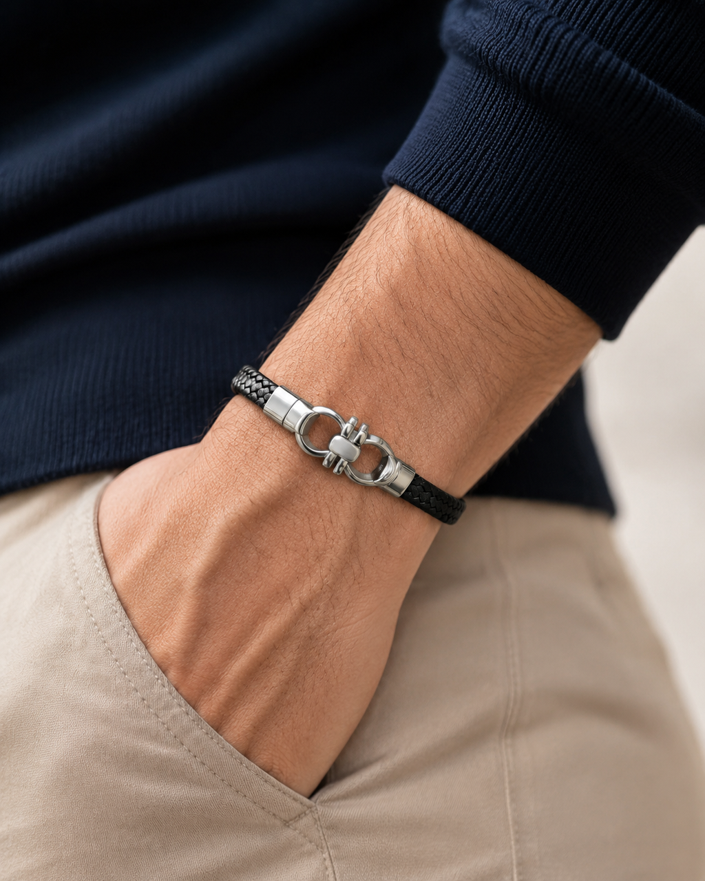 Stylish Men's Black Leather Bracelet – Silver Clasp