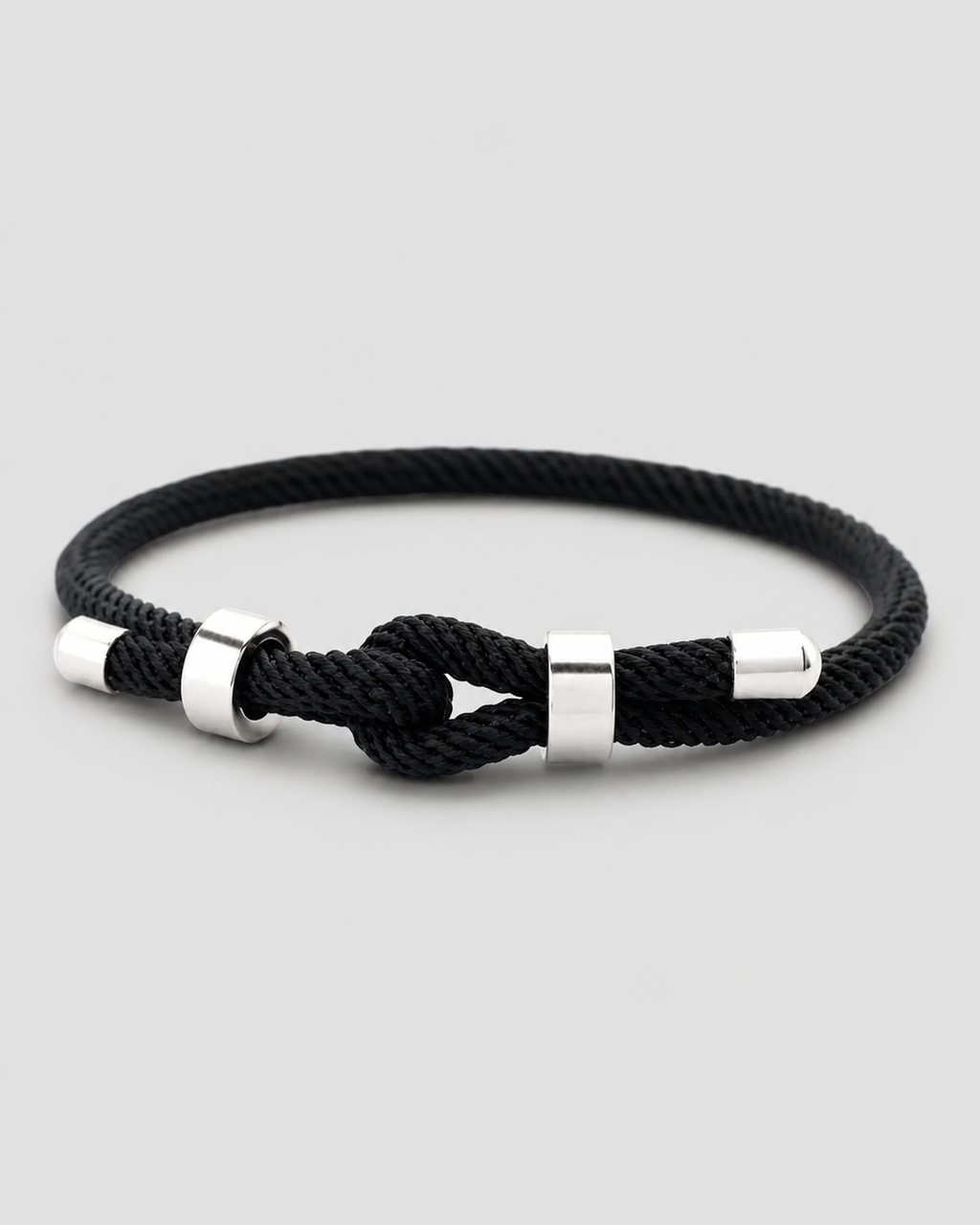 Men's Elegant Black Rope Bracelet – Silver Details