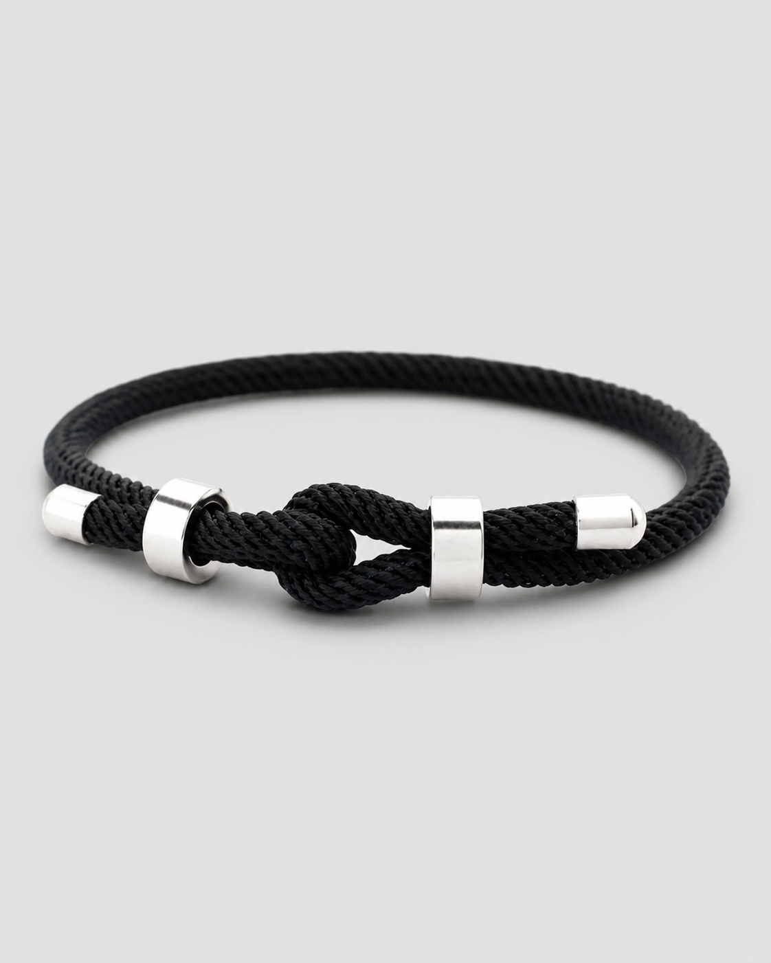 Men's Elegant Black Rope Bracelet – Silver Details