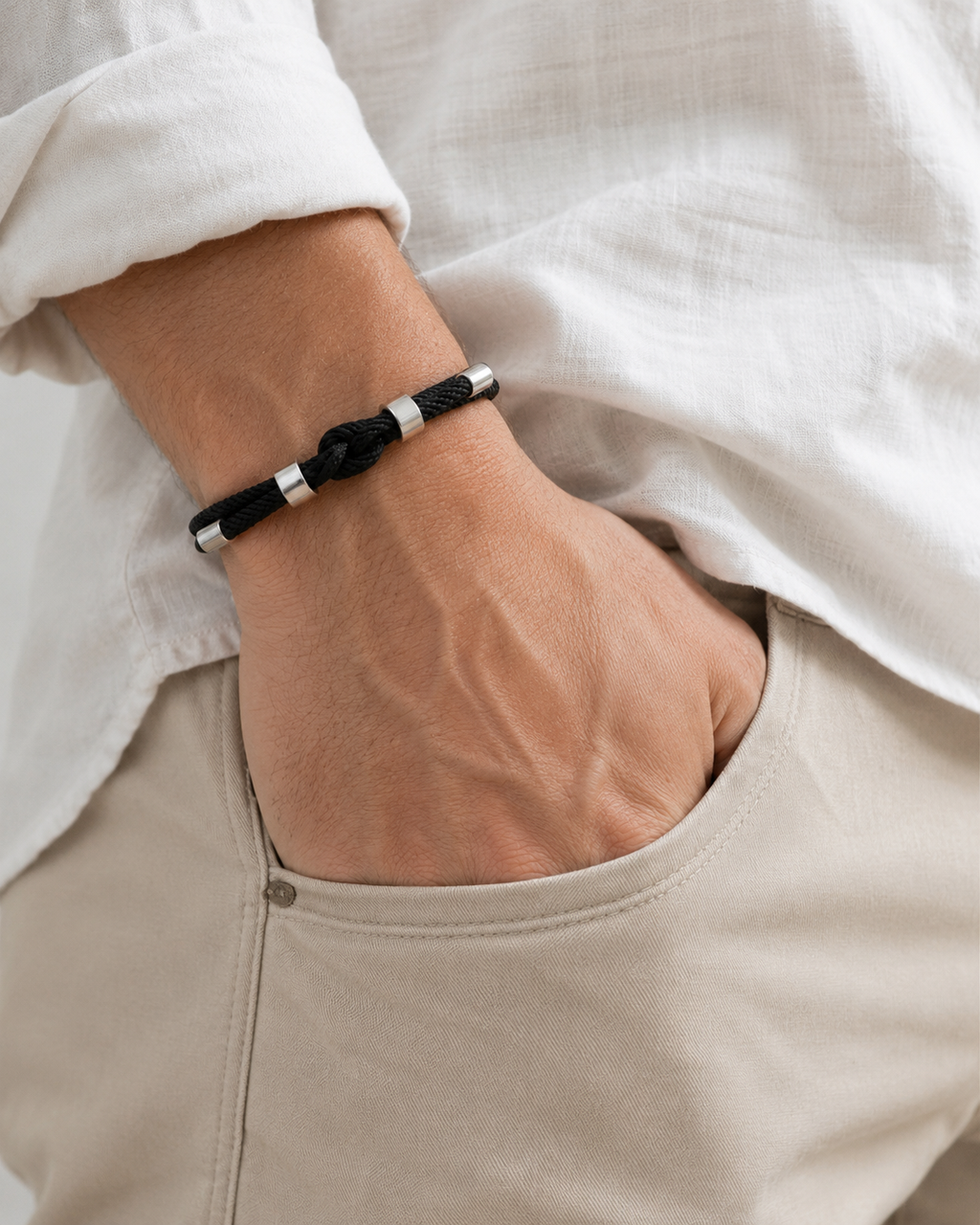 Men's Elegant Black Rope Bracelet – Silver Details