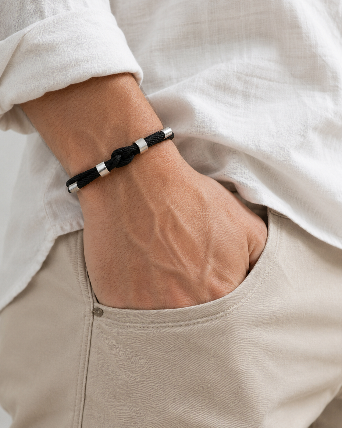 Men's Elegant Black Rope Bracelet – Silver Details