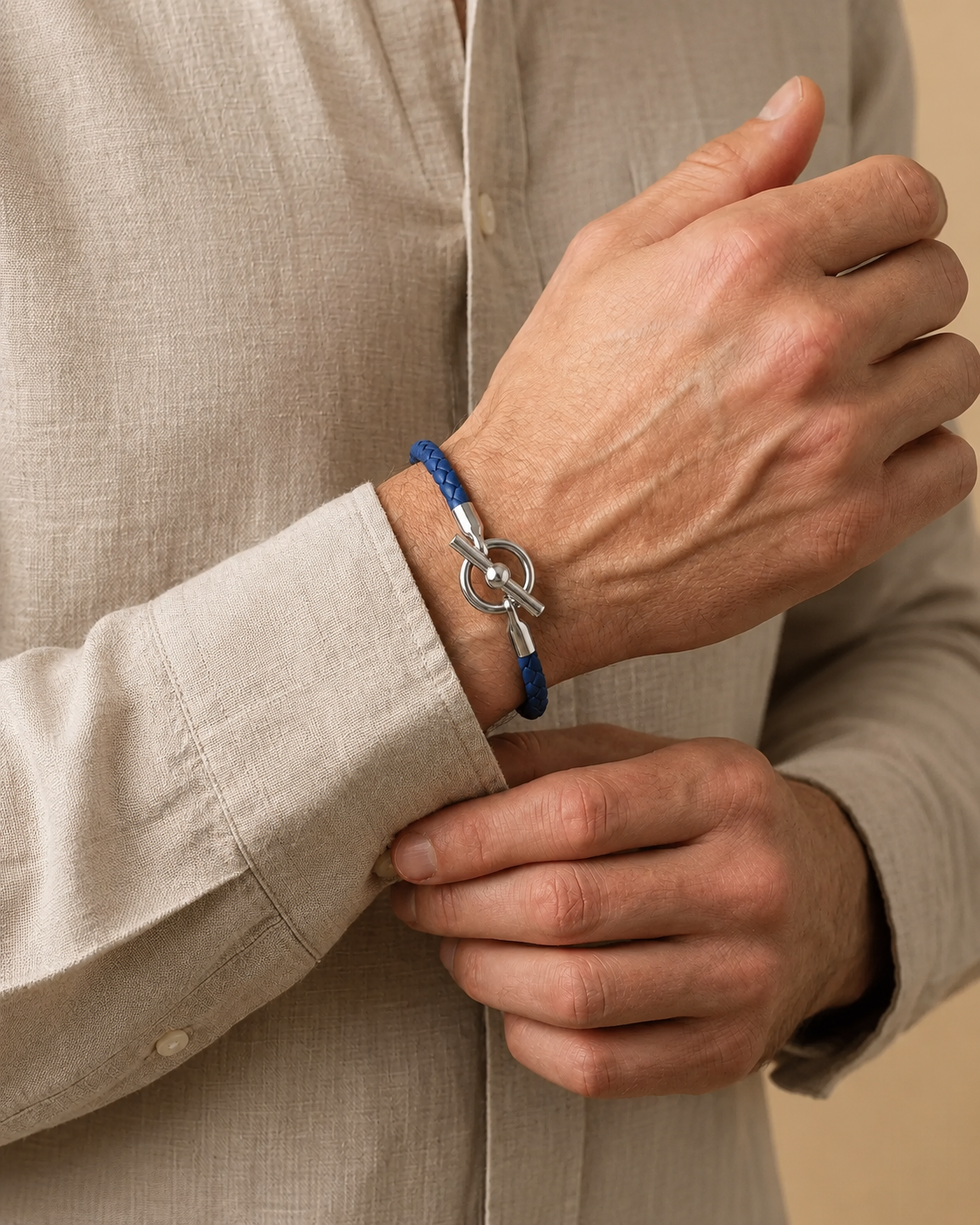 Stylish Blue Braided Men's Bracelet – Silver T-Bar Clasp