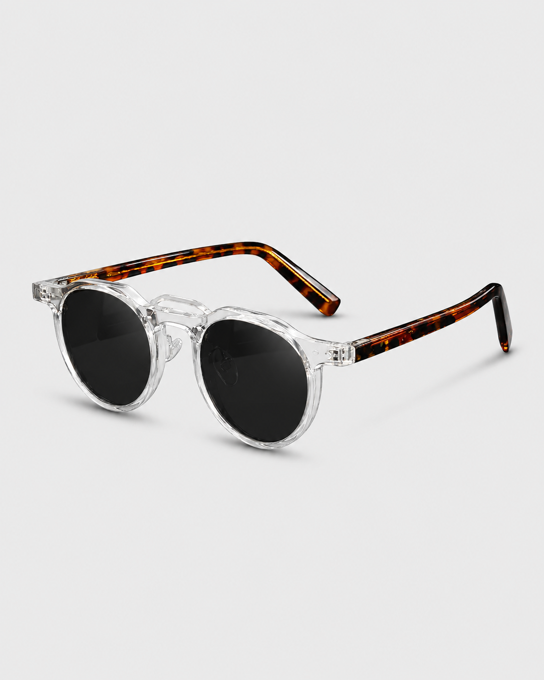 Óculos de Sol Redondo Clássico Masculino – Armação Transparente com Hastes Tartaruga