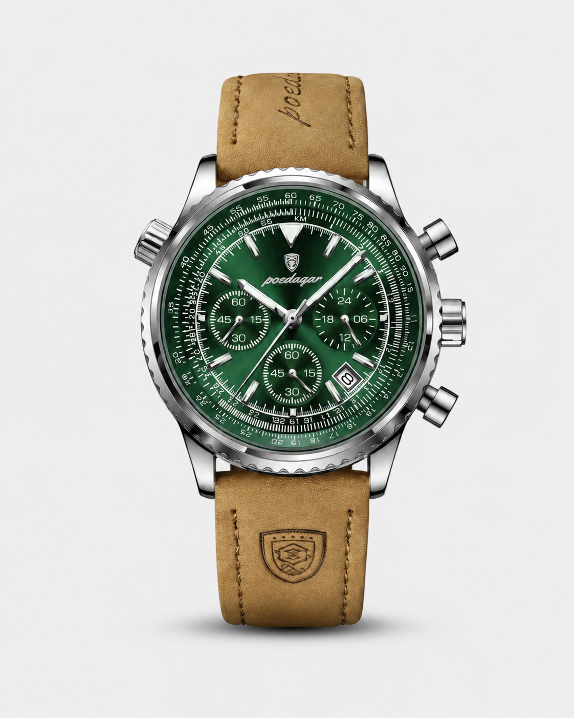 Relógio de Luxo POEDAGAR Masculino – Cronógrafo de 44mm com Mostrador Verde e Pulseira de Couro