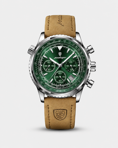 Relógio de Luxo POEDAGAR Masculino – Cronógrafo de 44mm com Mostrador Verde e Pulseira de Couro