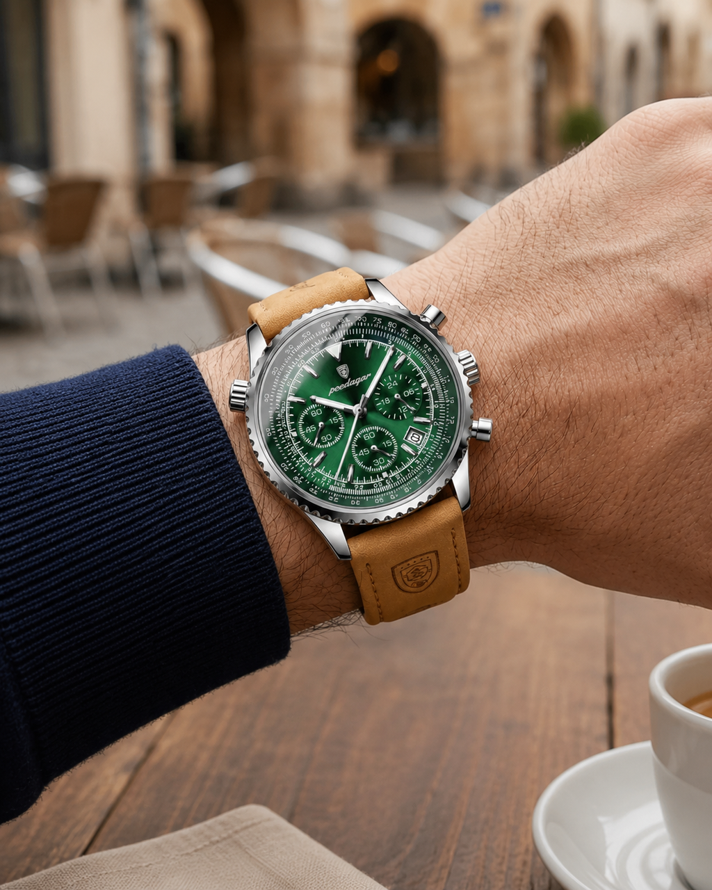 Relógio de Luxo POEDAGAR Masculino – Cronógrafo de 44mm com Mostrador Verde e Pulseira de Couro