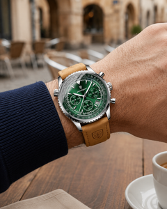 Relógio de Luxo POEDAGAR Masculino – Cronógrafo de 44mm com Mostrador Verde e Pulseira de Couro