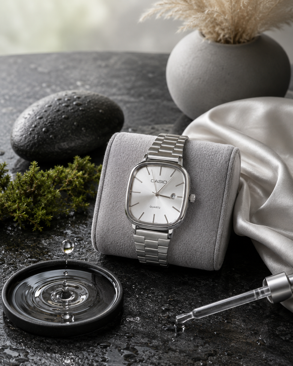 Casio Quartz Caixa Quadrada – Pulseira de Aço.