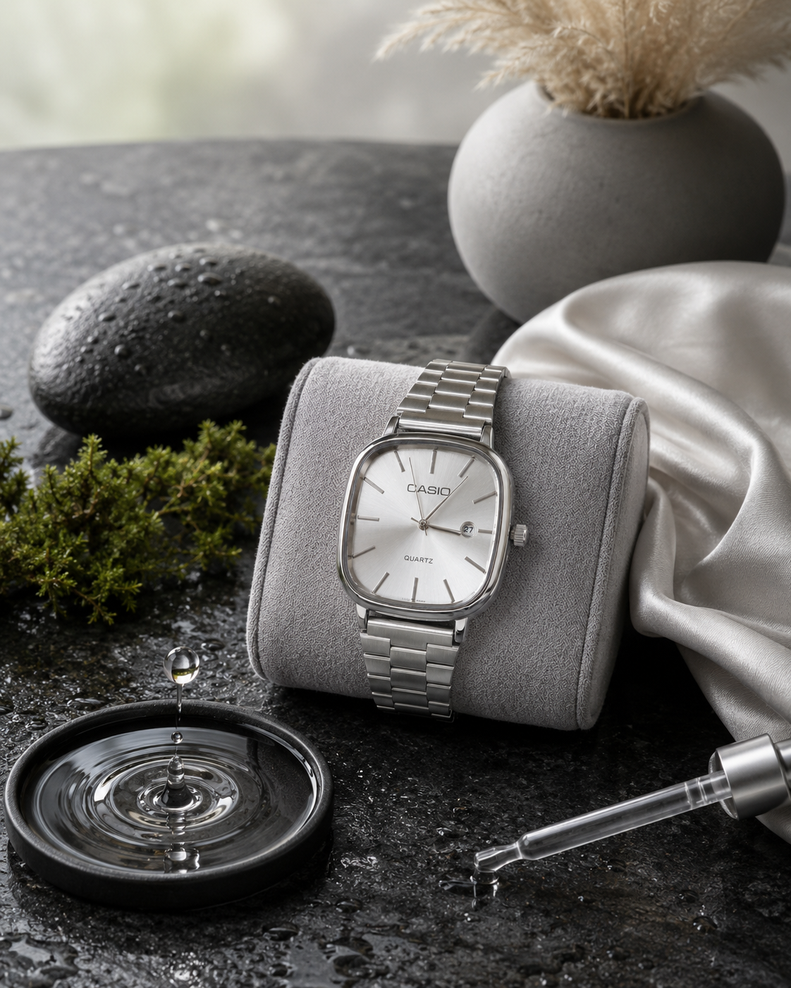 Casio Quartz Caixa Quadrada – Pulseira de Aço.