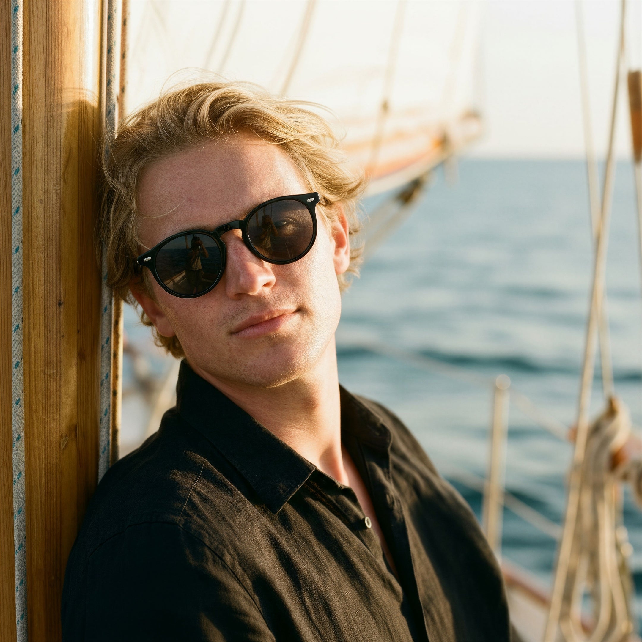 Man wearing sunglasses on a sailboat with water in the background