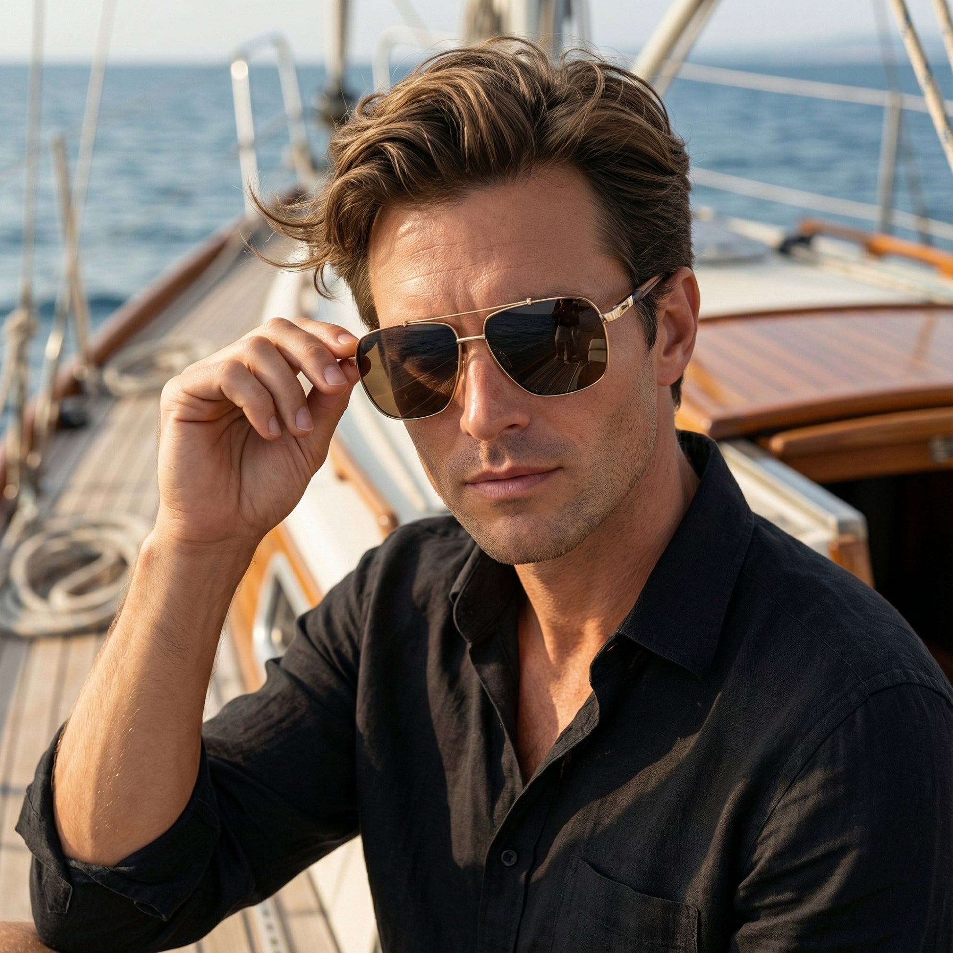 Man wearing sunglasses on a boat with ocean in the background