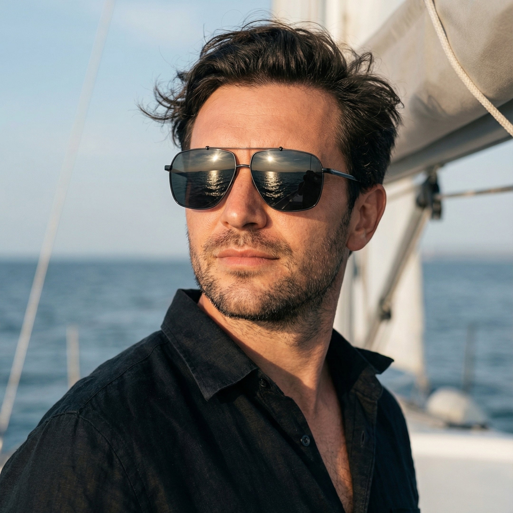 Man wearing sunglasses on a sailboat with ocean in the background