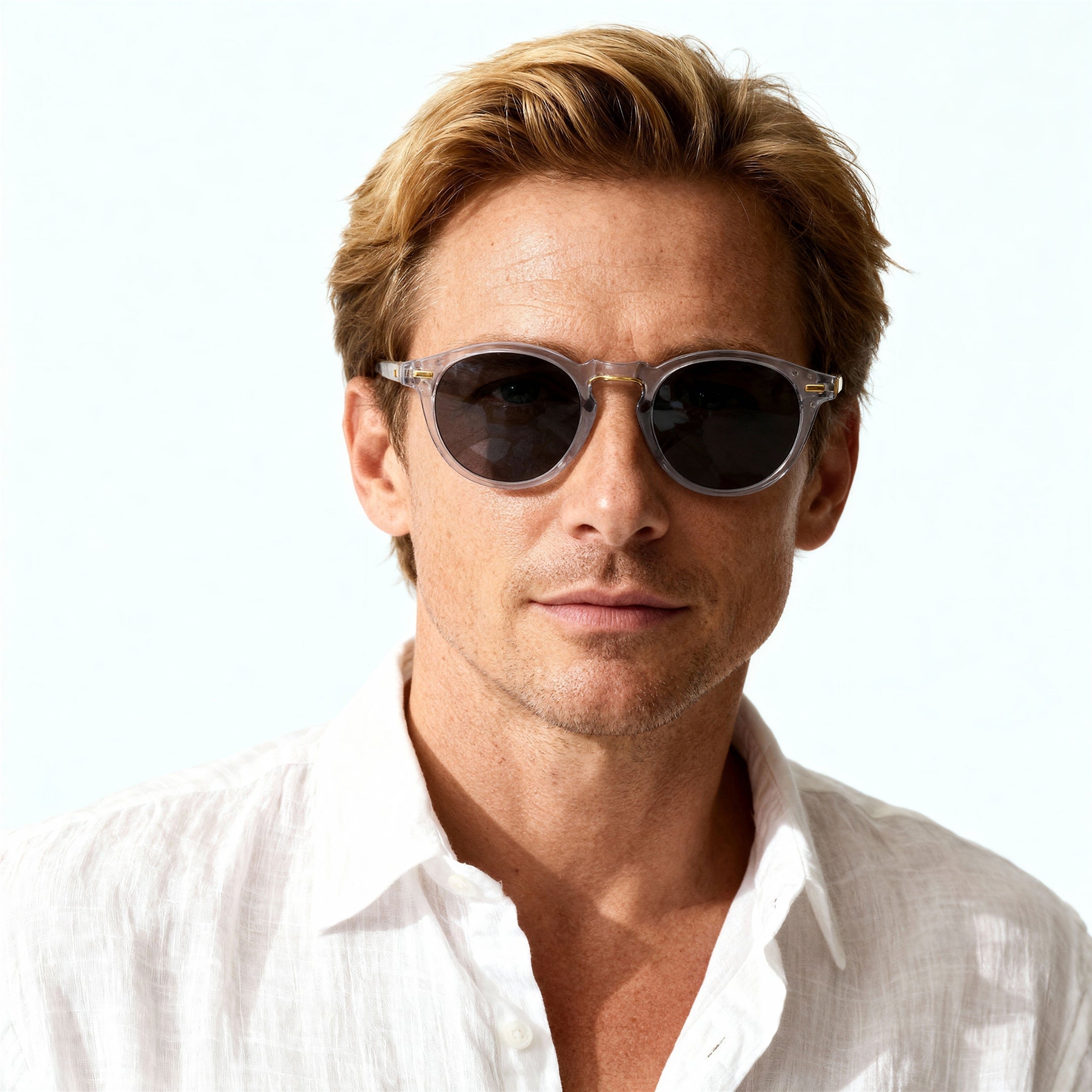 Man wearing sunglasses and a white shirt on a white background