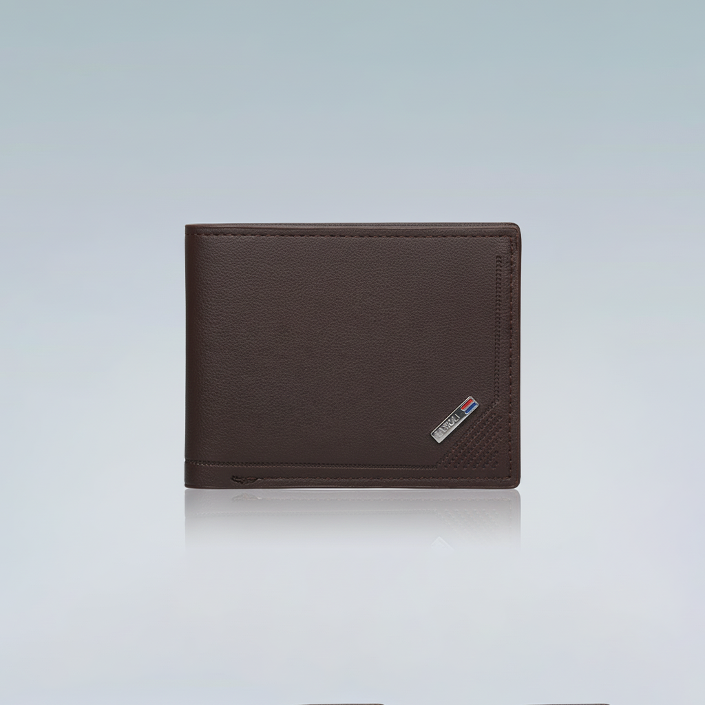 Brown wallet with a brand logo on a light gray background