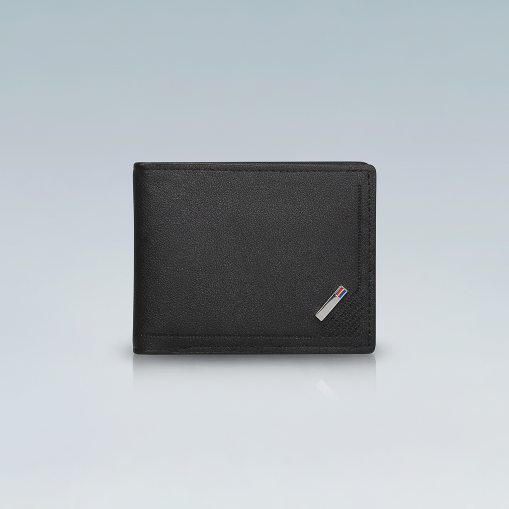 Black wallet with a brand logo on a light gray background