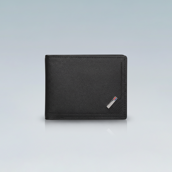 Black wallet with a brand logo on a light gray background
