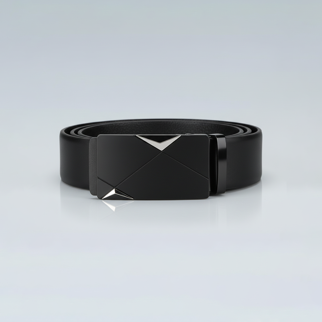 Black belt with a geometric buckle on a light gray background