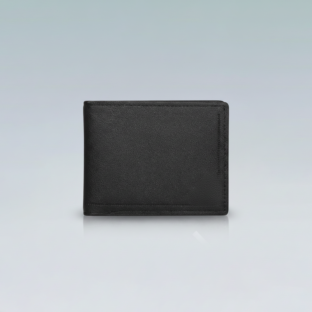 Black leather wallet on a light gray background