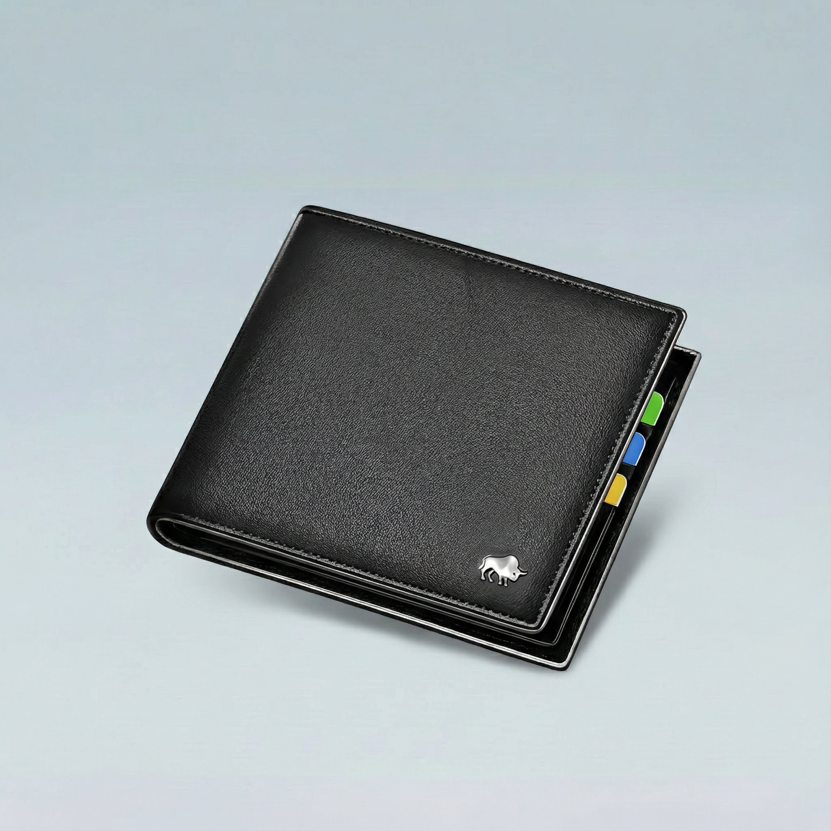 Black leather wallet with card slots on a light gray background