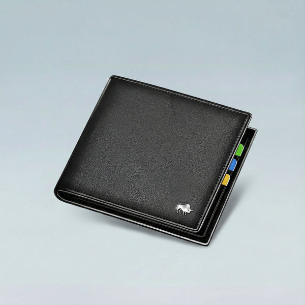 Black leather wallet with card slots on a light gray background