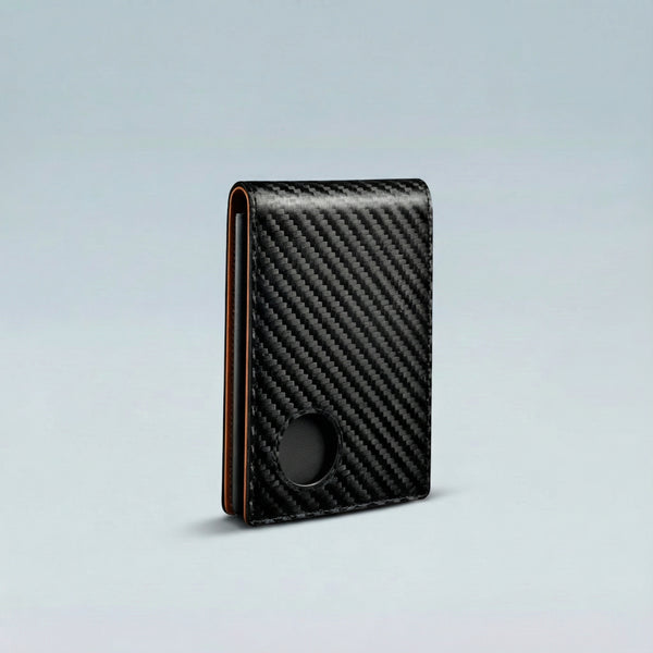 Carbon fiber patterned wallet on a light gray background
