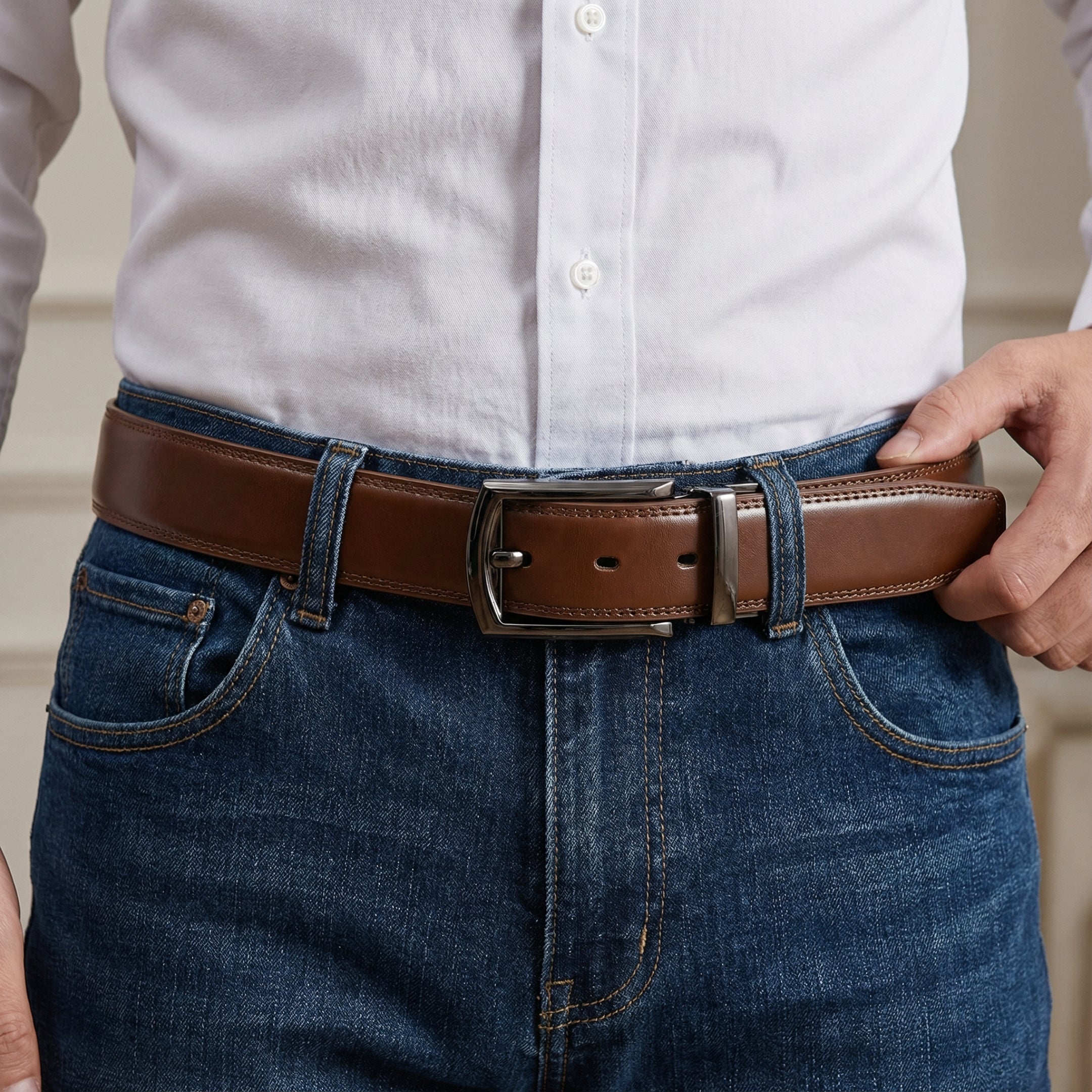 Indulge in the comfort of high-quality leather with this belt. Its robust buckle not only ensures a perfect fit but also serves as an iconic accessory, ideal for the man who appreciates style and functionality.