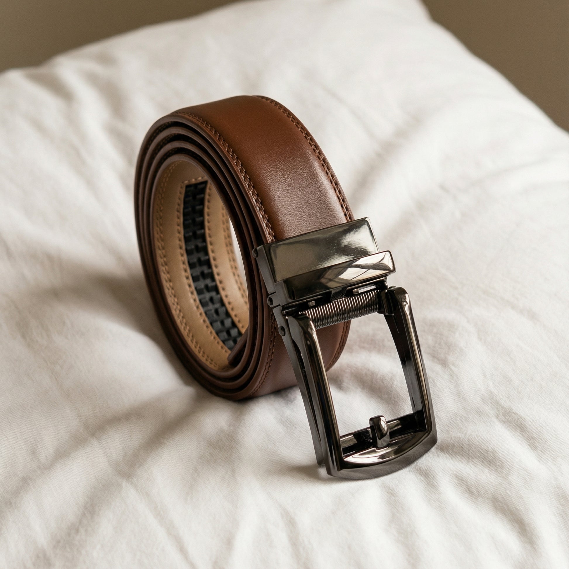 Elevate your look with this brown belt, which combines timeless design with a contemporary touch. The dark-toned satin buckle adds an element of subtle charm.
