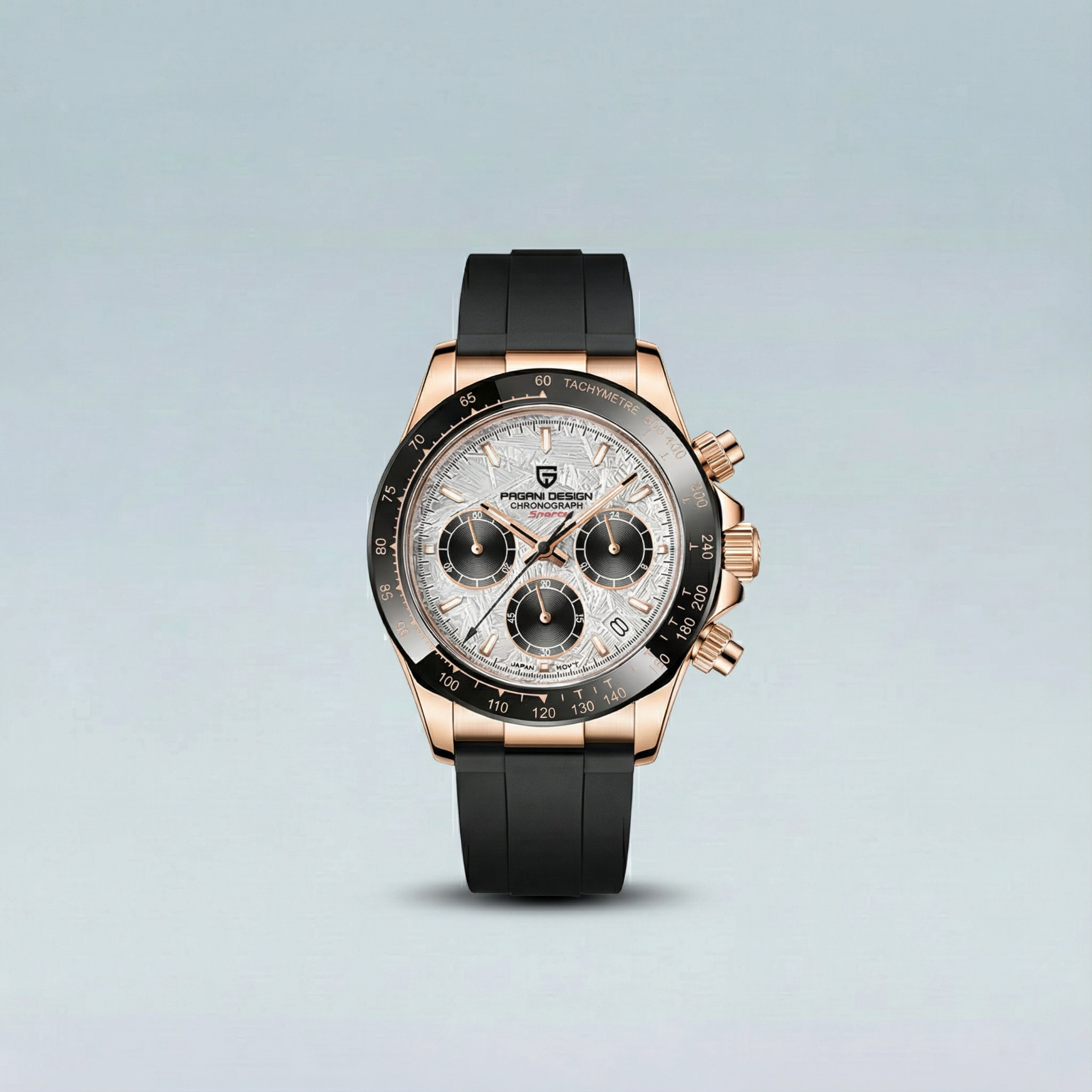 Luxury watch with black strap and rose gold case on light blue background