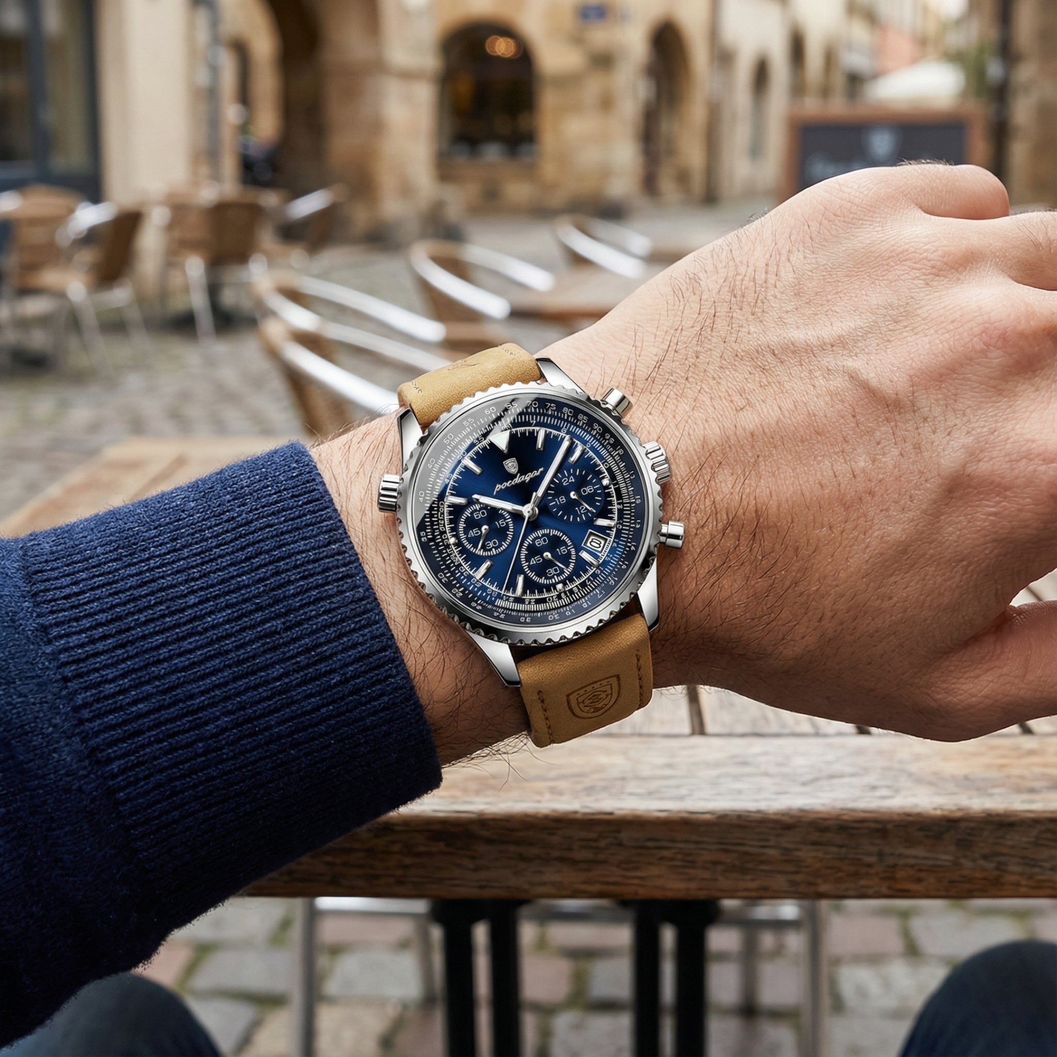 Hand wearing a watch with a brown leather strap on a blurred outdoor background