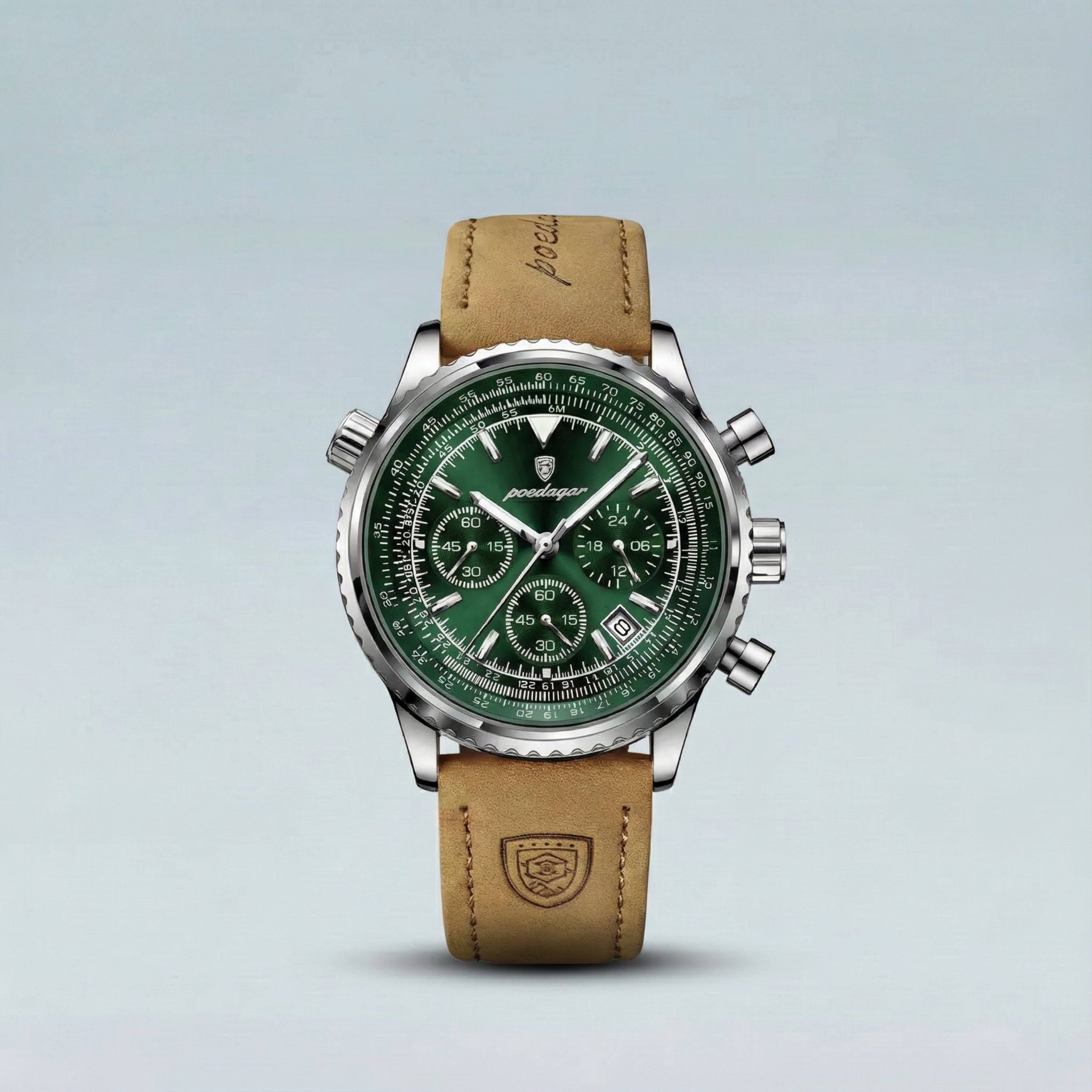Watch with green face and brown leather strap on light gray background