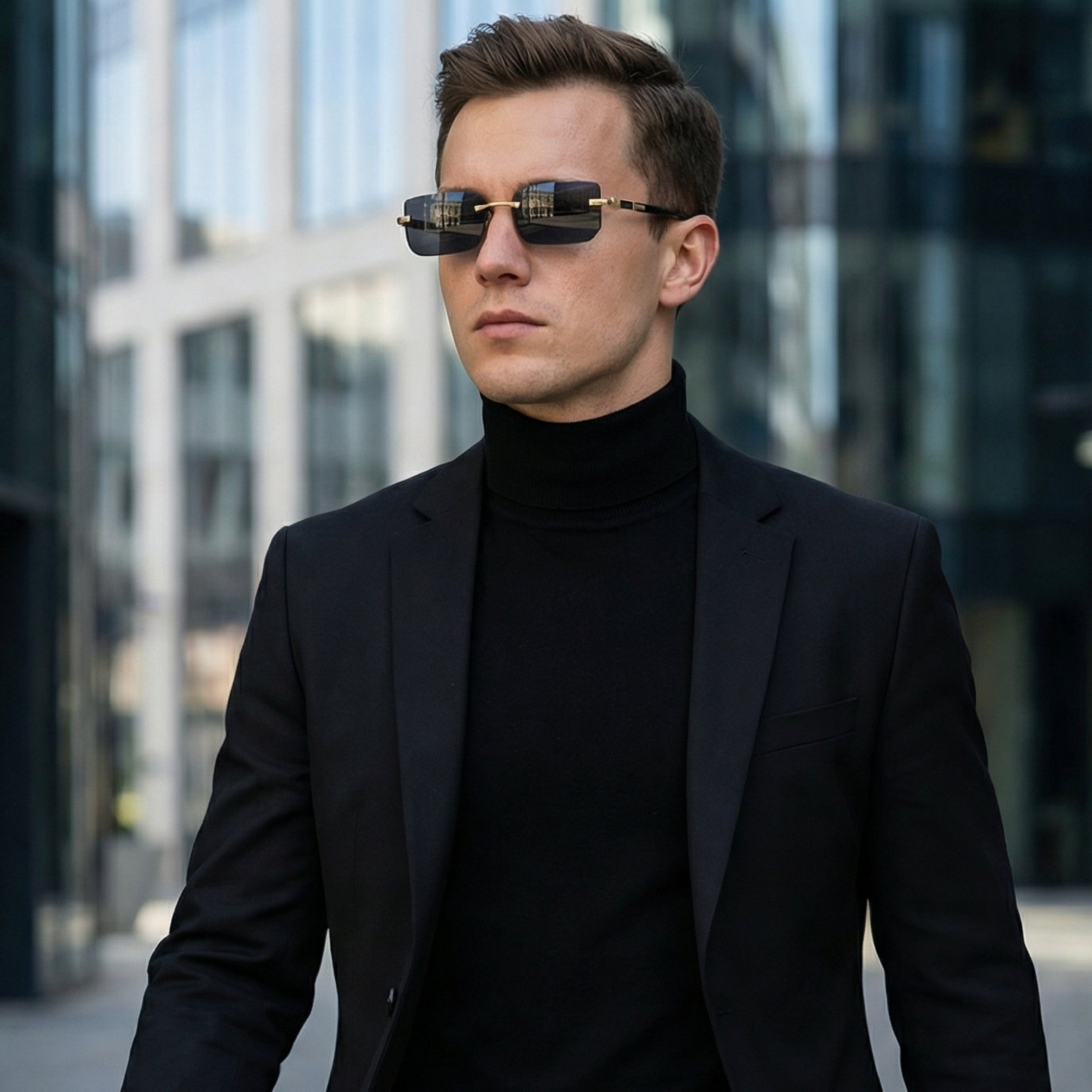Man wearing sunglasses and a black suit in an urban setting