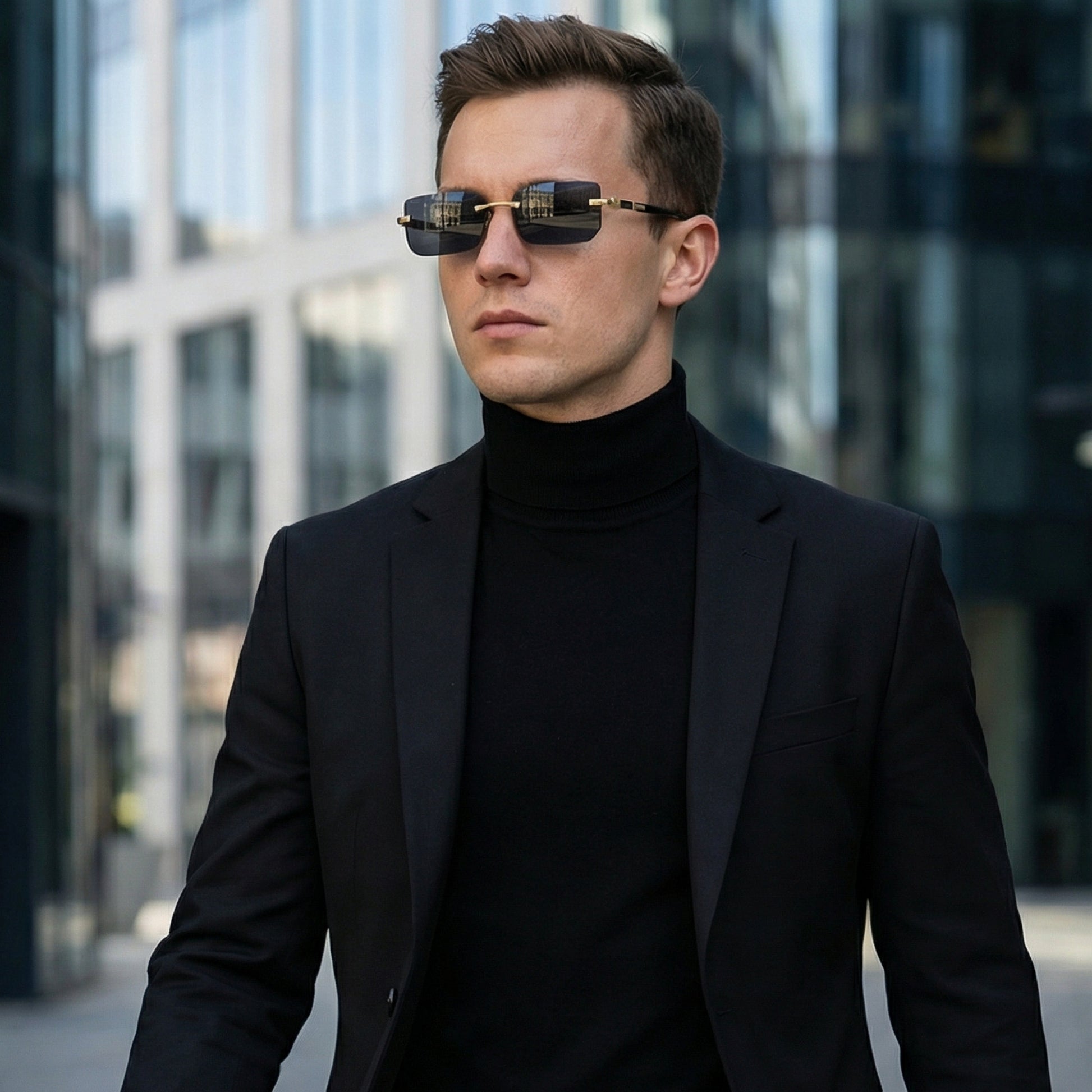 Man wearing sunglasses and a black suit in an urban setting