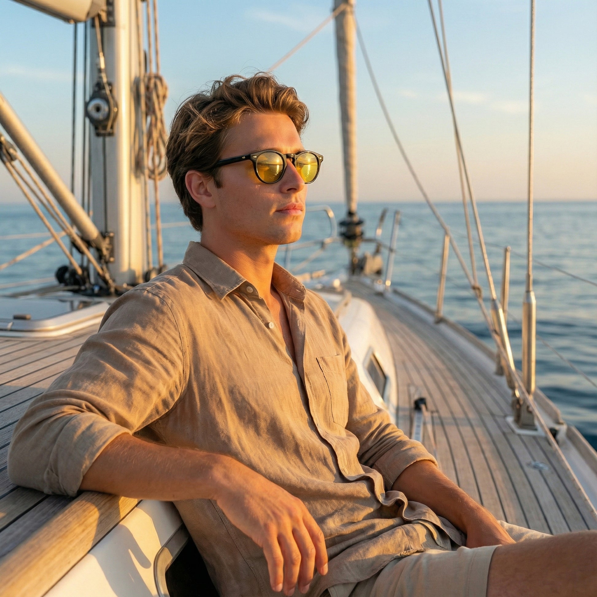 Man wearing sunglasses on a sailboat with ocean view