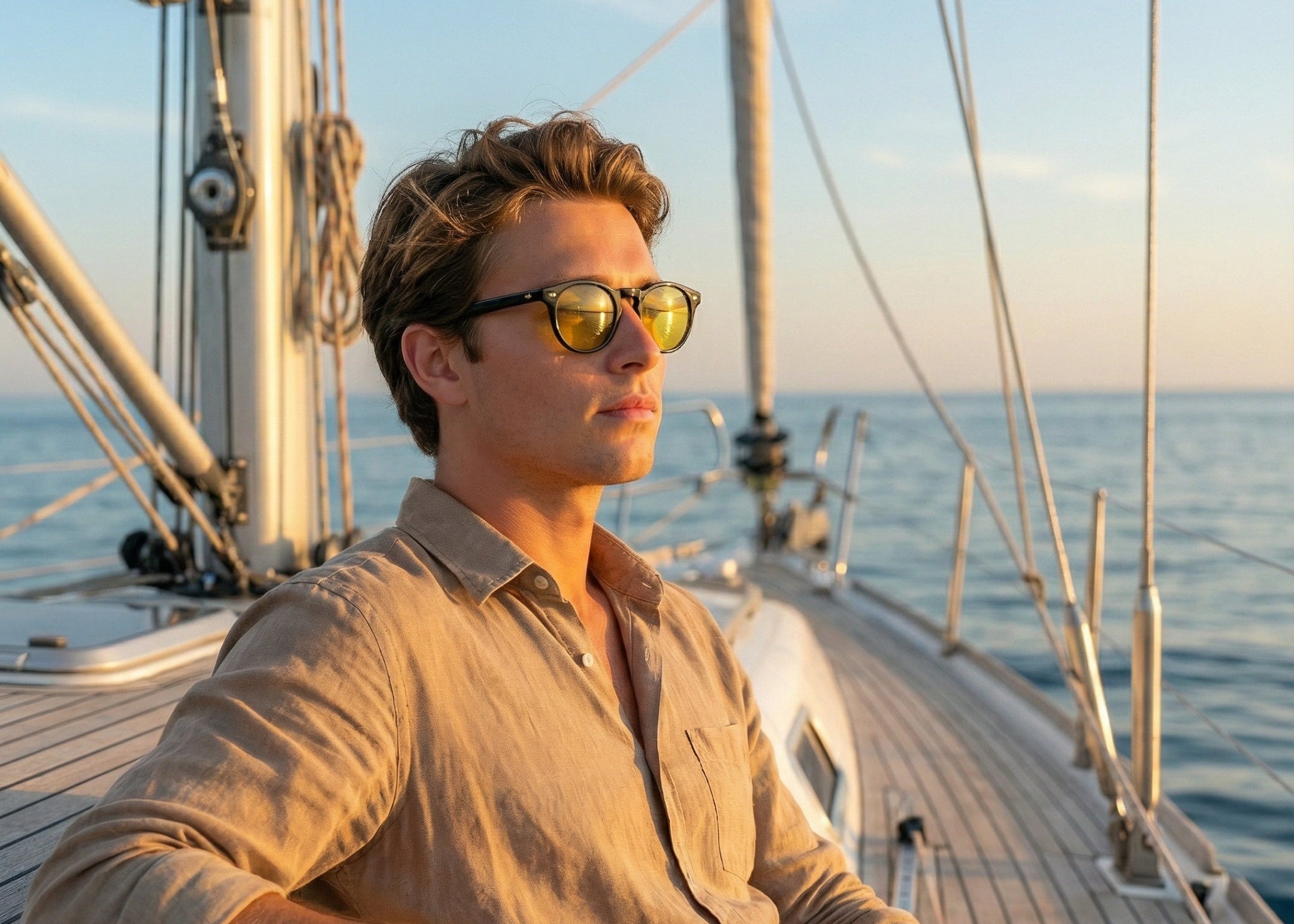 Man wearing sunglasses on a sailboat with ocean view