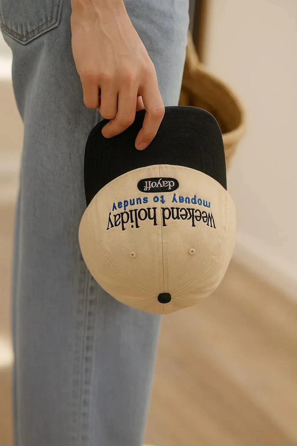 Weekend Holiday Embroidered Two-Tone Baseball Cap - Cream Crown, Black Peak Casual Hat