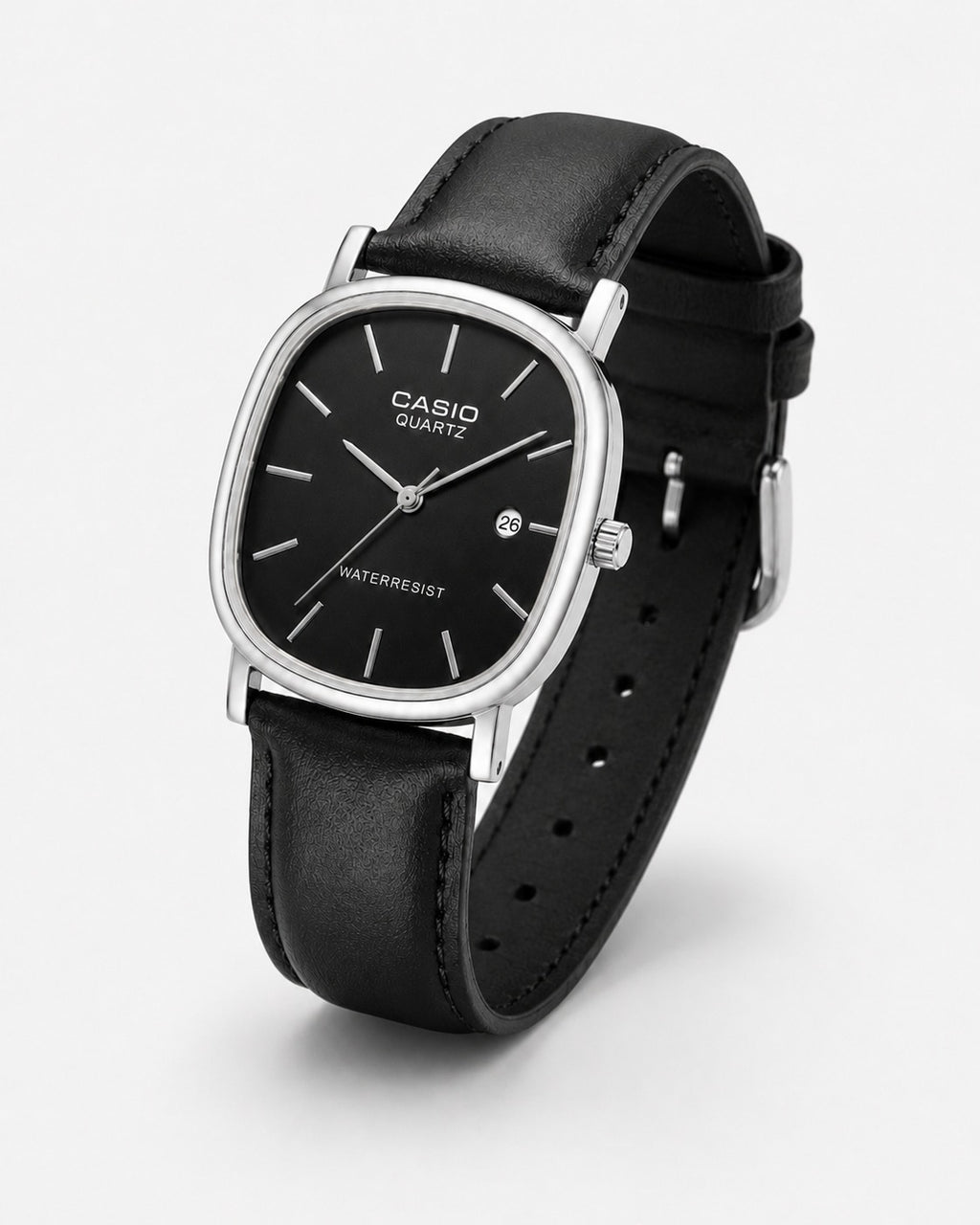 Relógio Casio Quartz Masculino – Pulseira de Couro Preta, Resistente à Água