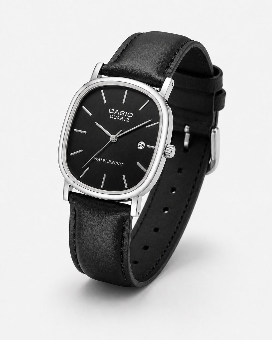 Relógio Casio Quartz Masculino – Pulseira de Couro Preta, Resistente à Água